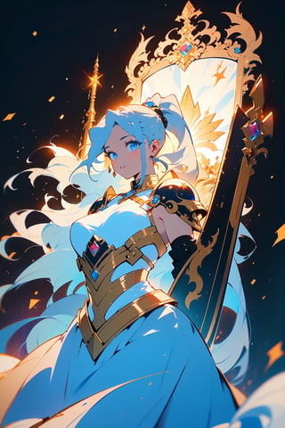 highly detailed, high quality, masterpiece, beautiful (entire plane shot), 
A girl will wear shining golden and whit lion armor. Her hair is pulled back into a blonde ponytail and her eyes are a beautiful light blue shade. He wields  shield,wrenchfaeflare