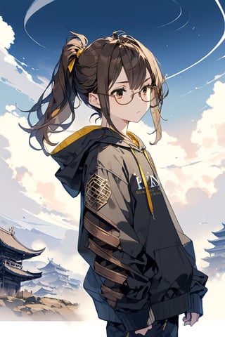 //quality, (masterpiece:1.331), (detailed), ((,best quality,)),//,/,1boy.solo,cute,//,hairstyle, (brown hair: 1.21), (black hair : 1.1), (senna skin),(inner hair color: 1.331), (short ponytail: 1.1), side locks, ((spiral dark_brown eyes: 1.331)), (under eye bags: 1.331), (glasses: 1.331 ),(,flat_chests,),fashion,hoodie,expressionless,//,looking_at_sky,),//,//,dal, masterpiece, best quality, high resolution: 1.3), ultra resolution image, (1 child), (only), dark futuristic armor, long hair, semi-long hair, black eyes, dark gray sweatshirt, fierce, smug, confident, fantasy , ready to fight, landscape, heroic conquest, majestic, ancient, r1ge, mythical, infinite sky, cold hearted brown eyes