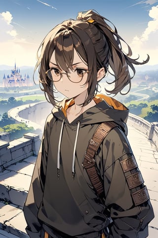 //quality, (masterpiece:1.331), (detailed), ((,best quality,)),//,/,1boy.solo,cute,//,hairstyle, (brown hair: 1.21), (black hair : 1.1), (inner hair color: 1.331), (short ponytail: 1.1), side locks, ((spiral dark_brown eyes: 1.331)), (under eye bags: 1.331), (glasses: 1.331 ),(,flat_chests,),fashion,hoodie,expressionless,//,looking_at_sky,),//,//,dal, masterpiece, best quality, high resolution: 1.3), ultra resolution image, (1 child), (only), dark futuristic armor, long hair, semi-long hair, black eyes, dark gray sweatshirt, fierce, smug, confident, fantasy , ready to fight, landscape, heroic conquest, majestic, ancient, r1ge, magic kingdom, mythical, infinite sky, grave sword, cold hearted brown eyes