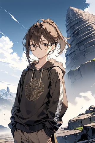 //quality, (masterpiece:1.331), (detailed), ((,best quality,)),//,/,1boy.solo,cute,//,hairstyle, (brown hair: 1.21), (black hair : 1.1), (inner hair color: 1.331), (short ponytail: 1.1), side locks, ((spiral dark_brown eyes: 1.331)), (under eye bags: 1.331), (glasses: 1.331 ),(,flat_chests,),fashion,hoodie,expressionless,//,looking_at_sky,),//,//,dal, masterpiece, best quality, high resolution: 1.3), ultra resolution image, (1 child), (only), dark futuristic armor, long hair, semi-long hair, black eyes, dark gray sweatshirt, fierce, smug, confident, fantasy , ready to fight, landscape, heroic conquest, majestic, ancient, r1ge, mythical, infinite sky, cold hearted brown eyes