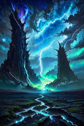 A vast, desolate landscape with vibrant, electric blue and green hues, where the ground and sky seem to merge in a chaotic, dreamlike fashion. 