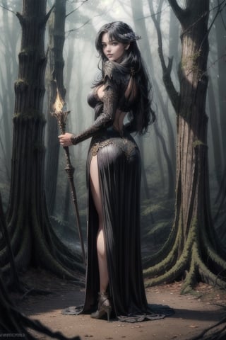zrpgstyle, female woman, human, golden eyes, long black hair, wearing long black dress, holding, holding_object, holding an ancient magical staff, wicked smile, in a misty forest, looking at the viewer, full body, low angle, viewed from behind, masterpiece, detailed, detailed sharp, best quality, highres, nodf_lora, large_breasts, detailed face