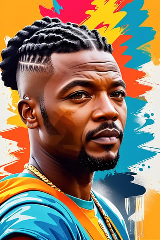 a hip-hop black rap graffiti African character man  poster as at Aquaman  movie, symetrical, vector illustration, Leonardo Style,tshirt design,oni style, color splash, inkstrike (whynot), arrows, vibrant, full figure, ((upper body)),(name:Jinks)