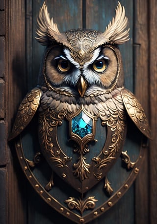 Owl head steel steampunk shield, black gold steel , hyper realisic, ultra detailed, light blue gems stone ,full back black steel shield, ,3D Render Style, old wooden board wall abandoned background