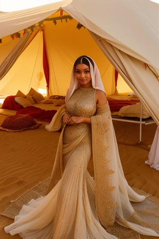 arabian woman, wide eyes, eye shadow, eye linner, beautiful, amazing body, sahari dresses, Embellished, camels, tent, dune, sand, desert, sunny.