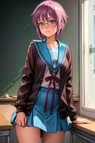 masterpiece, best quality, highres, ny1, school uniform, blue sailor collar, serafuku, skirt, blue skirt, long sleeves, brown cardigan, open cardigan, , cowboy shot, classroom, glasses, ,lasterk, masturbation_(female), emotionless,