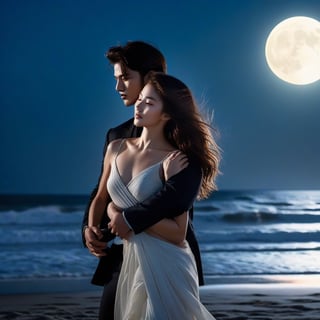 RAW photo, best quality), (realistic, photo-Realistic:1.1), best quality, masterpiece, beautiful, 1024K, beautiful woman and men on the beach, fullmoon, (HDR:1.2), (muted colors, dim colors, soothing tones:0), daylight, Exquisite details and textures, wide cinematic shot, Warm tone, well lit, wide shot, Hyper-realistic photo of a lovers, perfect shape, perfect body proportions, perfect anatomy, soft shiny skin, smile, mesmerizing, tousled long hair, (full body:1.2),perfect composition,studio photo,trending on artstation,(Masterpiece,Best quality,32k,UHD:1.5),(Sharpness, high contrast, HDR, hyper-detailed, intricate details, ultra-realistic, award-winning photo, ultra-clear, Kodachrome 800:1.3),(chiaroscuro lighting, soft edge lighting:1.2), by Karol Bak, Gustav Klimt and Hayao Miyazaki, real_booster, photo_b00ster, ani_booster, art_booster
