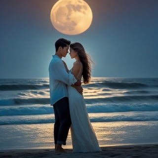 RAW photo, best quality), (realistic, photo-Realistic:1.1), best quality, masterpiece, beautiful, 1024K, beautiful woman and men on the beach, fullmoon, (HDR:1.2), (muted colors, dim colors, soothing tones:0), daylight, Exquisite details and textures, wide cinematic shot, Warm tone, well lit, wide shot, Hyper-realistic photo of a lovers, perfect shape, perfect body proportions, perfect anatomy, soft shiny skin, smile, mesmerizing, tousled long hair, (full body:1.2),perfect composition,studio photo,trending on artstation,(Masterpiece,Best quality,32k,UHD:1.5),(Sharpness, high contrast, HDR, hyper-detailed, intricate details, ultra-realistic, award-winning photo, ultra-clear, Kodachrome 800:1.3),(chiaroscuro lighting, soft edge lighting:1.2), by Karol Bak, Gustav Klimt and Hayao Miyazaki, real_booster, photo_b00ster, ani_booster, art_booster
