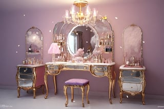 Let there be make-up items on the make-up table. Let it be of all kinds. Let the drawers of the table be made of glass. Let there be a double mirror in front of it. Let it be mixed pink and purple. Let it be 1.5 m above the ground. Let the table top be granite and the handles be made of gold.,boothLet the lights be on. Let there be a snow globe on the right side of the table. Have a ballerina girl lampshade on your left.