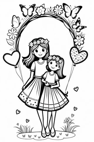 Let a mother hold her child in her arms. Let heart-shaped balloons, butterflies and birds fly around them. Let the mother's skirts consist of different flowers. in a wreath of hearts. HAVE A COLORING PAGE FOR STUDENTS.