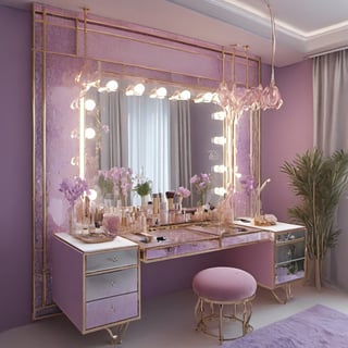 Let there be make-up items on the make-up table. Let it be of all kinds. Let the drawers of the table be made of glass. Let there be a double mirror in front of it. Let it be mixed pink and purple. Let it be 1.5 m above the ground. Let the table top be granite and the handles be made of gold.,booth