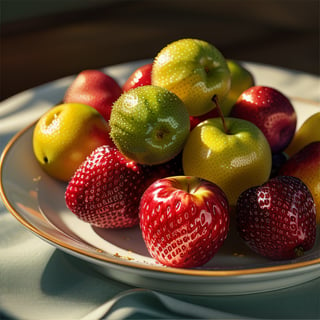 A close-up shot of a platter filled with vibrant, freshly picked fruits, glistening under soft natural lighting, showcasing the rich colors and textures of each piece.