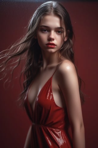girl 18 years old, wet lips, sexy stance. sensual dress, best quality, high woman, long hair, dark theme, soothing tones, soft colors, high contrast, (natural skin texture, hyperrealism, soft light, sharp), red background, simple background