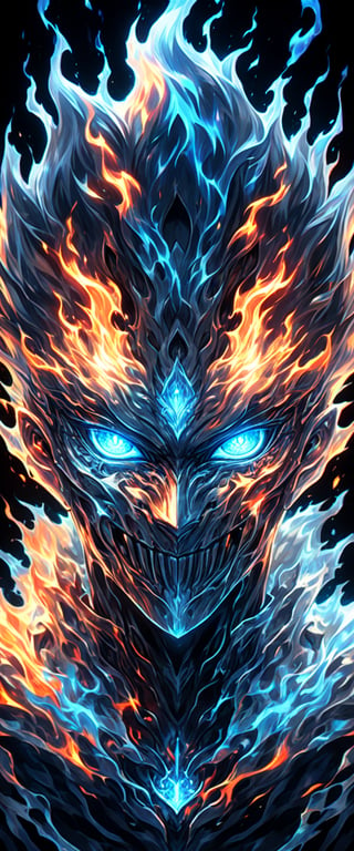 solo, looking at viewer, blue eyes, 1boy, upper body, male focus, mask, headband, glowing, fire, spiked hair, black background, portrait, glowing eyes, aura, straight-on, blue fire
