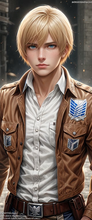 solo, highly detailed, highly realistic, highly quality, looking at viewer, short hair, blue eyes, blonde hair, shirt, 1boy, hair between eyes, jacket, white shirt, upper body, male focus, collared shirt, lips, watermark, web address, freckles, realistic, emblem, paradis military uniform, survey corps \(emblem\), armin arlert