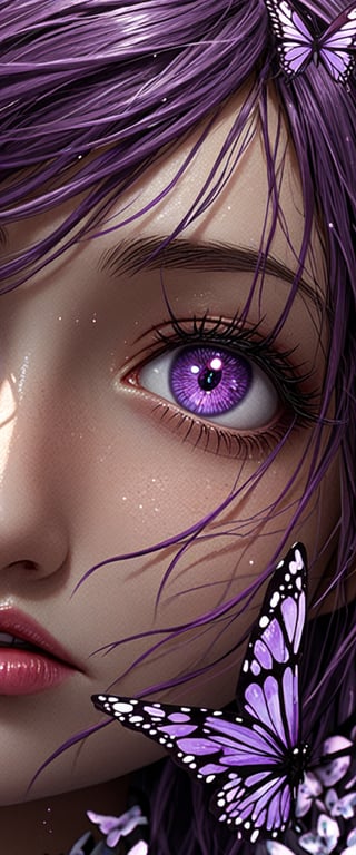 1girl, solo, looking at viewer, purple eyes, parted lips, purple hair, hand up, lips, eyelashes, portrait, close_up, VFX colour, highly detailed, highly realistic, highly glowing, highly beautiful, dark room, goddess look, butterfly, shinobu koucho /(demon slayer)/