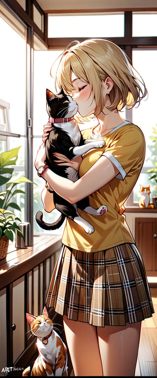1girl, solo, breasts, short hair, skirt, blonde hair, brown hair, shirt, holding, standing, closed eyes, short sleeves, artist name, indoors, plaid, animal, cat, letterboxed, kiss, watch, yellow shirt, wristwatch, holding animal, holding cat