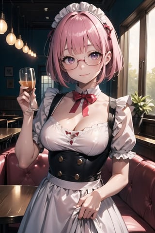 (masterpiece), best quality, high resolution, highly detailed, detailed background, perfect lighting, 1girl, pink hair, short hair, glasses, slender, cafe, maid, medium breasts, smile, blush,