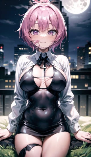 female,(masterpiece, best quality, ultra detailed, absurdres), (white shirt:1.2), black lace dress ,short skirt, neck ribbon, 1girl, short hair,ponytail hair,(pink hair:1.2),devilish smile,perfect hands,bangs,in_wild, midnight, big_fullmoon, weak_moon_light, grassground,from_front, looking_at_viewer,Breasts ,coverc,coverr,Nipples ,sexbodysuit,body stockings,cross-laced bikini