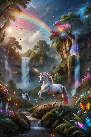 Beautiful unicorn, rainbow unicorn, magic forest, night sky, moon, fireflies, butterflies, beautiful spectacular waterfall, picturesque landscape,
  (Masterpiece, Best Quality, 16K: 1.2), (Ultra Detailed, High Resolution, Extremely Detailed, Ridiculous, Incredibly Ridiculous, Huge File Size: 1.1), (Photorealism: 1.3), by Futurevolab, Portraits, surreal illustrations, digital paintings.