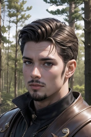 Natural Light, (Best Quality, highly detailed, Masterpiece), (beautiful and detailed eyes), (realistic detailed skin texture), (detailed hair), (Fantasy aesthetic style), (realistic light and shadow), (real and delicate background), ((cowboy shot)), (from high), assassin, sole_male, hazel colored eyes, short brown hair, A handsome rouge, clad in dark leathers, stands confidently in a beautiful 
forest landscape.
,Germany Male

Artemis Entreri was not very tall (he was consistently described as "small") but he was compact with wiry muscles. He was possessed of angular features, striking high cheekbones, and prominent sideburns. Though he was usually clean-shaven, Artemis always seemed to need a shave.