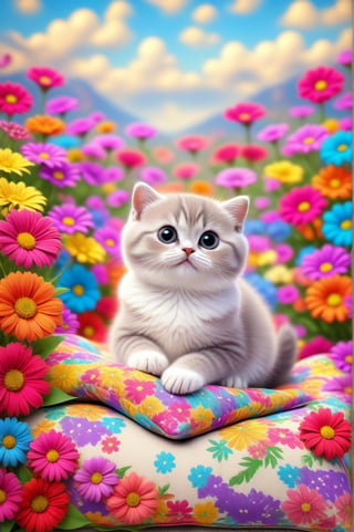 Beautiful kitten (Scottish Fold cat) sitting on a solid color cushion and smiling with a bow around her neck, surrounded by colorful flowers.  Super cute digital illustration, probably created on a graphics tablet and illustration software, from the contemporary era, using a vibrant, desaturated color palette and colorful flowers.  The background is a dreamy fairytale scene with a summer open air sky.,<lora:659095807385103906:1.0>,<lora:659095807385103906:1.0>