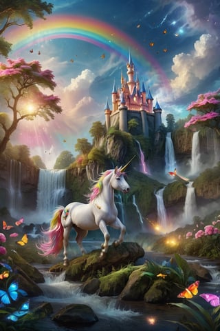 Beautiful unicorn, rainbow unicorn, magic forest, night sky, moon, fireflies, butterflies, beautiful and spectacular waterfalls, picturesque landscapes, gorgeous castles, (Masterpiece, Best Quality, 16K: 1.2), ( Ultra-detailed, high-resolution, extremely detailed, ridiculous, incredibly ridiculous, huge file size: 1.1), (photorealism: 1.3), Futurevolab, portraits, surreal illustrations, digital paintings.