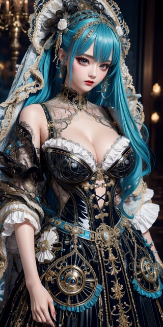 Imagine a ball-jointed doll,dressed in a cyberpunk-inspired Rococo dress. The doll features intricate joints, allowing for lifelike poses. Her dress merges the ornate elegance of Rococo with futuristic cyber elements. The fabric is a mix of rich silks and metallic materials, adorned with elaborate lace and digital patterns that glow subtly. The bodice is detailed with delicate ruffles and cybernetic embellishments, while the skirt flares out in layers, combining traditional Rococo volume with sleek, modern lines. Her hair is styled in a powdered wig, interwoven with fiber optic strands,

.,Xueer,more detail , less detail