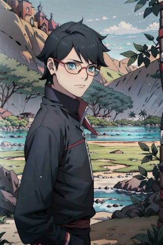 solo, fondo de la aldea konoha, mangas cortas,fondo konoha, enfoque masculino, fondo degradado, gafas , cabello negro, características de sarada uchiha, collar uchiha 