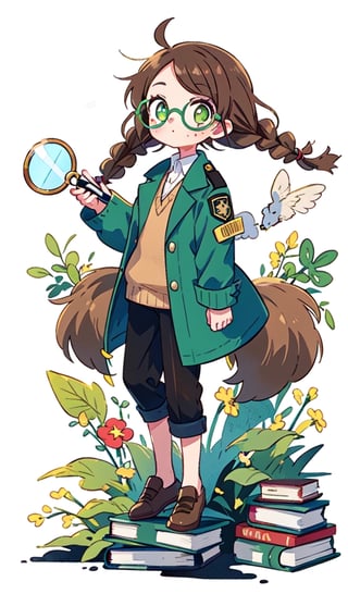 1girl, single, brown hair, double braids, big eyes, bright eyes, green eyes, freckles, aviator glasses, no bangs, classic detective costume, thinking pose, centered image, pensive, full body, holding a magnifying glass, book background, white background, abstract background, best definition, maximum details, masterpiece