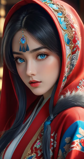 Hijab stylized anime, and blue eyes, with detailed ornate fur hooded kimono, red hooded kimono, miniskirt, fantasypunk. Cinematic lighting, ethereal light, intricate details, extremely detailed, incredible details, full colored, complex details, insanely detailed and intricate, hyper maximalist, extremely detailed with rich colors. masterpiece, best quality, HDR, UHD, unreal engine. Representative, fair skin, rich in details High quality, gorgeous, 8k, super detail, gorgeous light and shadow, detailed decoration, detailed lines,glitter