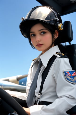 a pretty woman pilot sitting on the cockpit, wearing pilot helmet, sky background