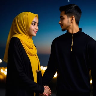 (low capture) a beautiful 22 year old woman (very detailed face), wearing a yellow and black hijab, wearing a long black sweater, black jeans, holding hands with a 25 year old man, handsome (very detailed face) neat short hair, wearing a blue jacket trousers black jeans, moonlit night sky background