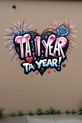 text that says "TA 1 YEAR" on a wall, graffiti, sticker, phosphorescent letters, anime style, decal, fireworks, gothic letters, hearts and roses