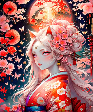 Black and white line drawing, 8k high resolution, ultra-high resolution picture quality, mysterious and weird atmosphere, masterpiece, boutique, aesthetic, 1girl, solo, sexy, 20-year-old woman, demon fox, vixen, butterfly hair accessories, long colored hair, nudity Shoulders, coquettish and sexy close-fitting kimono, kimono with blooming cherry blossom pattern, tiptoes, purple eyes, night, there are many cherry blossoms around, sparkling light spots, huge torii shrine, glowing fireflies, beautiful woman, Simple watercolor background (center), very detailed,japan,glitter