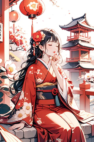 1girl, solo, long hair, bangs, black hair, hair ornament, long sleeves, sitting, closed mouth, closed eyes, braid, flower, outdoors, japanese clothes, hand up, hair flower, wide sleeves, blunt bangs, kimono, sash, makeup, leaf, obi, floral print, lipstick, red flower, hair over shoulder, lantern, red lips, hand to own mouth, red kimono, print kimono, architecture, east asian architecture, paper lantern, camellia