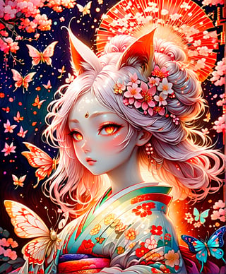 Black and white line drawing, 8k high resolution, ultra-high resolution picture quality, mysterious and weird atmosphere, masterpiece, boutique, aesthetic, 1girl, solo, sexy, 20-year-old woman, demon fox, vixen, butterfly hair accessories, long colored hair, nudity Shoulders, coquettish and sexy close-fitting kimono, kimono with blooming cherry blossom pattern, tiptoes, purple eyes, night, there are many cherry blossoms around, sparkling light spots, huge torii shrine, glowing fireflies, beautiful woman, Simple watercolor background (center), very detailed,japan,glitter