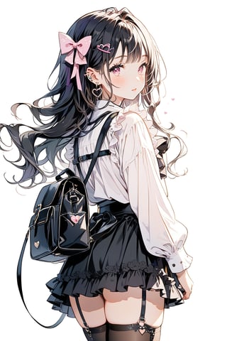 1girl, solo, long hair, looking at viewer, blush, bangs, skirt, shirt, black hair, hair ornament, thighhighs, long sleeves, white background, bow, ribbon, jewelry, closed mouth, hair ribbon, hair bow, heart, cowboy shot, earrings, frills, hairclip, looking back, black skirt, pink eyes, bag, from behind, sleeves past wrists, thigh strap, chain, garter straps, piercing, backpack, cross, ear piercing, purple bow, black bag, jirai kei, heart o-ring