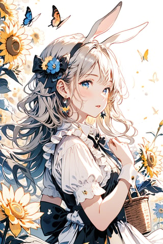 1girl, solo, long hair, looking at viewer, blush, bangs, blue eyes, shirt, hair ornament, long sleeves, dress, bow, animal ears, twintails, jewelry, white shirt, flower, short sleeves, hair bow, grey hair, cowboy shot, earrings, frills, parted lips, puffy sleeves, hair flower, bowtie, rabbit ears, apron, black dress, wrist cuffs, black bow, bug, butterfly, pink flower, blue flower, rabbit, black bowtie, yellow flower, basket