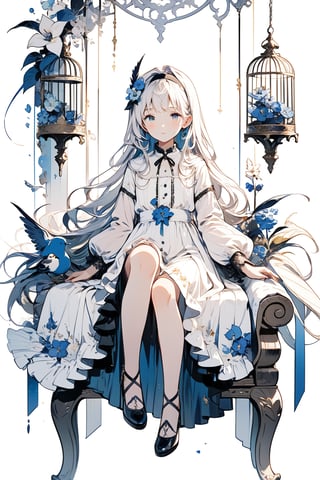 1girl, solo, long hair, looking at viewer, bangs, blue eyes, hair ornament, long sleeves, dress, sitting, full body, flower, white hair, hairband, hair flower, white dress, grey eyes, bird, plant, blue flower, cage, birdcage