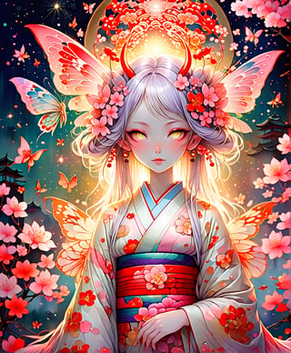 Black and white line drawing, 8k high resolution, ultra-high resolution picture quality, mysterious and weird atmosphere, masterpiece, boutique, aesthetic, 1girl, solo, sexy, 20-year-old woman, demon fox, vixen, butterfly hair accessories, long colored hair, nudity Shoulders, coquettish and sexy close-fitting kimono, kimono with blooming cherry blossom pattern, tiptoes, purple eyes, night, there are many cherry blossoms around, sparkling light spots, huge torii shrine, glowing fireflies, beautiful woman, Simple watercolor background (center), very detailed,japan,glitter