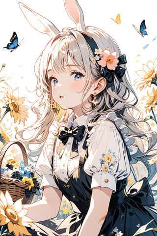 1girl, solo, long hair, looking at viewer, blush, bangs, blue eyes, shirt, hair ornament, long sleeves, dress, bow, animal ears, twintails, jewelry, white shirt, flower, short sleeves, hair bow, grey hair, cowboy shot, earrings, frills, parted lips, puffy sleeves, hair flower, bowtie, rabbit ears, apron, black dress, wrist cuffs, black bow, bug, butterfly, pink flower, blue flower, rabbit, black bowtie, yellow flower, basket