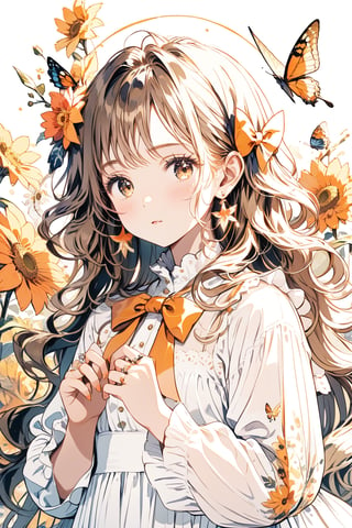 1girl, solo, long hair, looking at viewer, blush, bangs, brown hair, hair ornament, long sleeves, dress, bow, holding, brown eyes, jewelry, closed mouth, flower, hair bow, earrings, hair flower, wavy hair, ring, bug, white flower, butterfly, orange bow, orange flower, orange ribbon