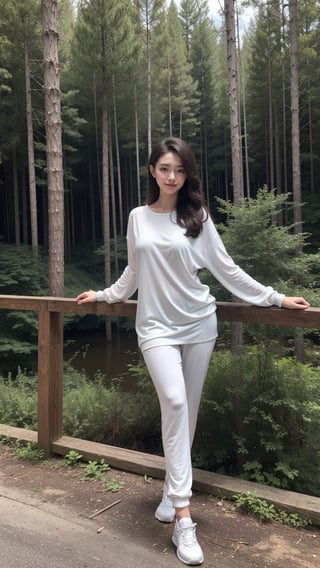 masterpiece, best quality, Surreal, Ultra Detailed, 8k resolution, RAW photos, Clear focus, (A girl in the forest), ((((Shift Dress:1.1), )))）, Long sweatpants,Full body posture, Solitary, Perfect body, Become a, 32 inches in the chest,(a charming smile:1), (sexy pose),26 years old, light,White shoes
