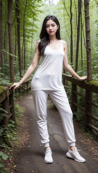 masterpiece, best quality, Surreal, Ultra Detailed, 8k resolution, RAW photos, Clear focus, (A girl in the forest), ((((Shift Dress:1.1), )))）, Long sweatpants,Full body posture, Solitary, Perfect body, Become a, 32 inches in the chest,(a charming smile:1), (sexy pose),26 years old, light,White shoes
