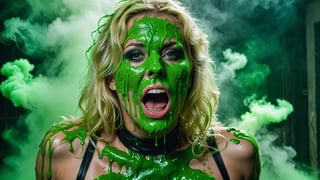 ((masterpiece, best quality)),(complex light), A scary larged mouth, face covered with many green slime,cinematic lighting in an 80s movie, with a beautiful blond scared cute nerd woman, in a sexy outfit from the 80s, at night with green glowing fog around the room. cinematic lights, foggy dusty atmosphere,
