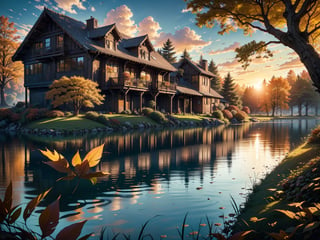 (masterpiece, legendary, highest_resolution, highly detailed, vibrant colors), (hyper surrealism:1.3), sharpen_details, landscape_photography, (a stunning RAW photograph of a big [wooden ? timber ? concerete] house (in focus) during a slightly windy day in the autumn season with a beautiful lake in the foreground:1.5), (dock, trees, fallen leaves, leaves falling, ground, grass, flowers, sky, cloud, birds, sunlight, reflection, shadows, wind, ultra sharp, house focus, Chiaroscuro), (intricate tree details, extremely detailed CG, creative use of empty space:1.3), (best quality, 64K, UHD, captivating, lifelike, immersive, no humans)