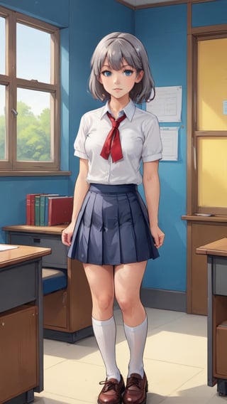 1girl, solo, long hair, breasts, looking at viewer, blush, bangs, blue eyes, skirt, shirt, ribbon, closed mouth, school uniform, standing, collarbone, full body, white shirt, short sleeves, grey hair, sidelocks, pleated skirt, shoes, socks, collared shirt, indoors, miniskirt, uniform, red ribbon, blue skirt, window, neck ribbon, leaning forward, chair, brown footwear, hair intakes, bent over, white socks, loafers, desk, classroom, school desk, peeing, pee, school chair, peeing self