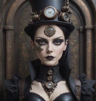 steampunk, gothic & cyborg combination, ornate surroundings, voctorian era, unique looking,goth person,c1bo