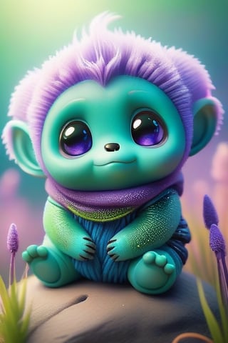 On a tiny alien planet, a cute, tiny alien man sits on the soft, purple grass. He has big, expressive eyes and a friendly smile, his small, green body adorned with tiny antennae. Beside him is his only friend, a little alien caterpillar with vibrant, glowing stripes and many tiny legs. They are both just hanging out, enjoying each other's company, the serene landscape around them dotted with strange, luminescent plants and twinkling stars in the sky. The bond between them is evident as they share a simple moment of companionship.,zhibi,fat
